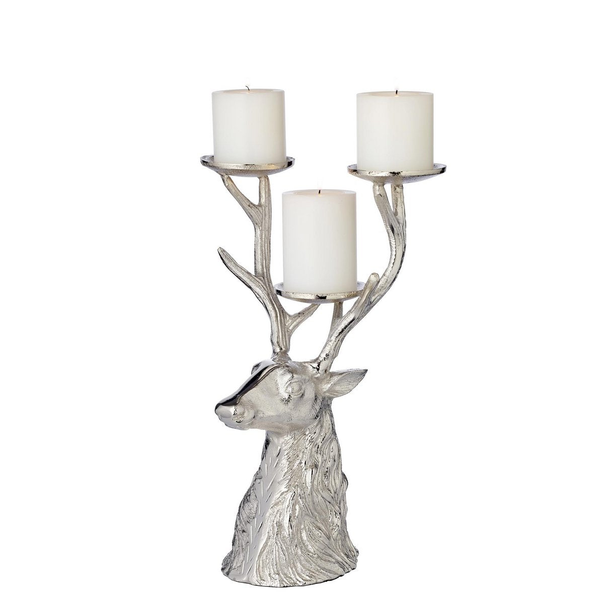 EDZARD candlestick deer, nickel-plated aluminum, height 32 cm, for 3 pillar candles, diameter 6 cm