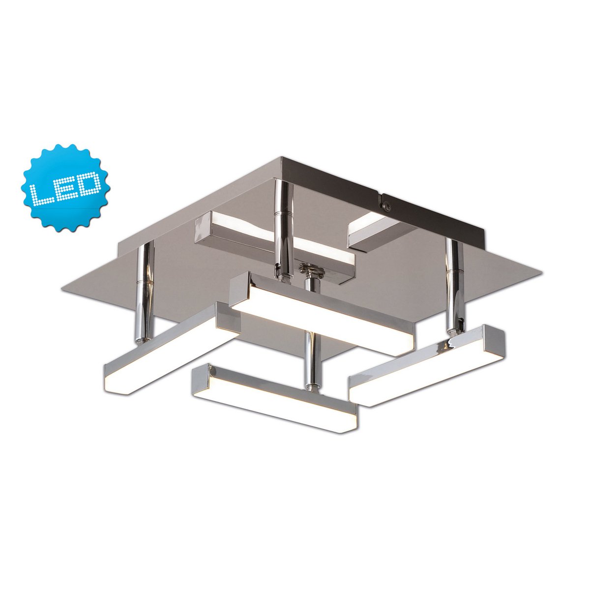 LED ceiling light "Turin" 25 cm x 25 cm, approx. 11 cm high, chrome -colored metal, opal -colored plastic, integrated LEDs, warm white