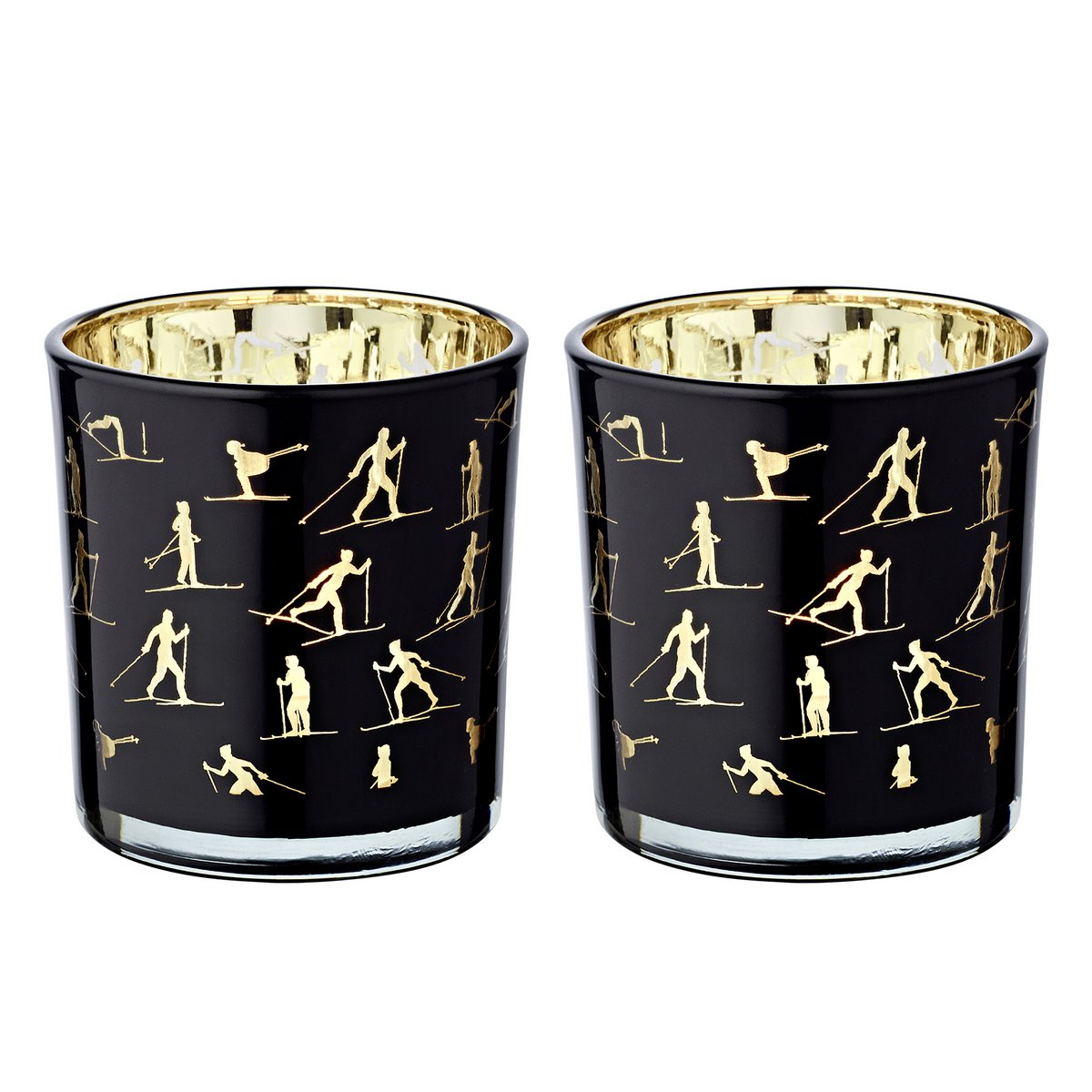 Set of 2 tea light glasses Monty (height 8 cm, ø 7.5 cm), lantern with skiing motif, gold / black