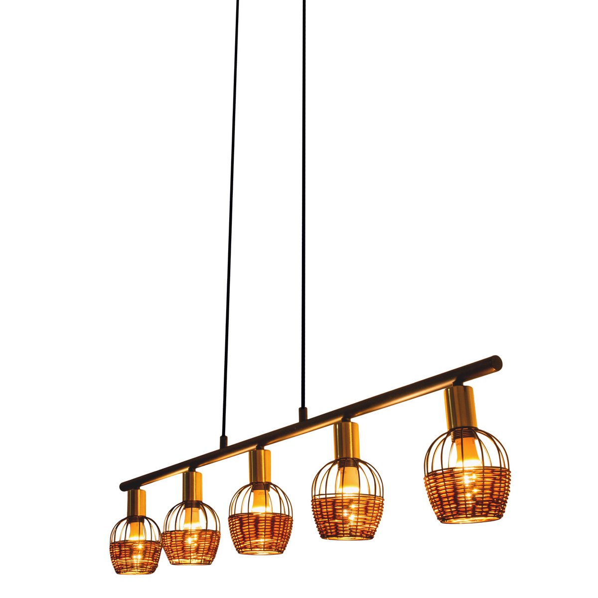 5er Pendelleuchte "CORBIS", Hängelampe aus Metall in Schwarz, mit Gold und Rattan, mit E14-Fassung, für Esszimmer, Wohnzimmer, Diele oder Büro, 100 cm lang