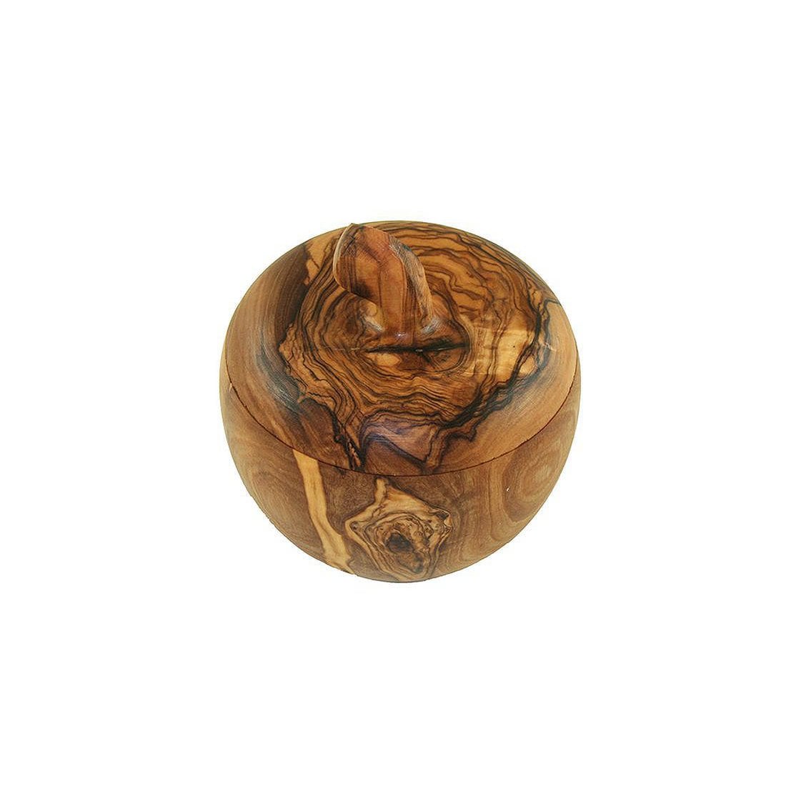 Apple-shaped salt box with salt shovel, olive wood