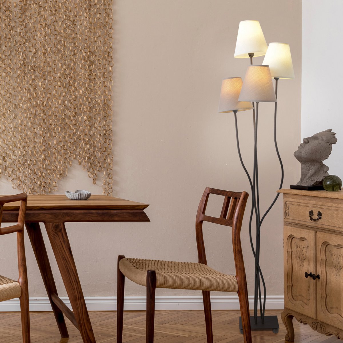 Textile standing lamp 4-flame "boho", floor lamp in beige/brown, with E14 socket, for dining room, living room, hallway or office, 138 cm high