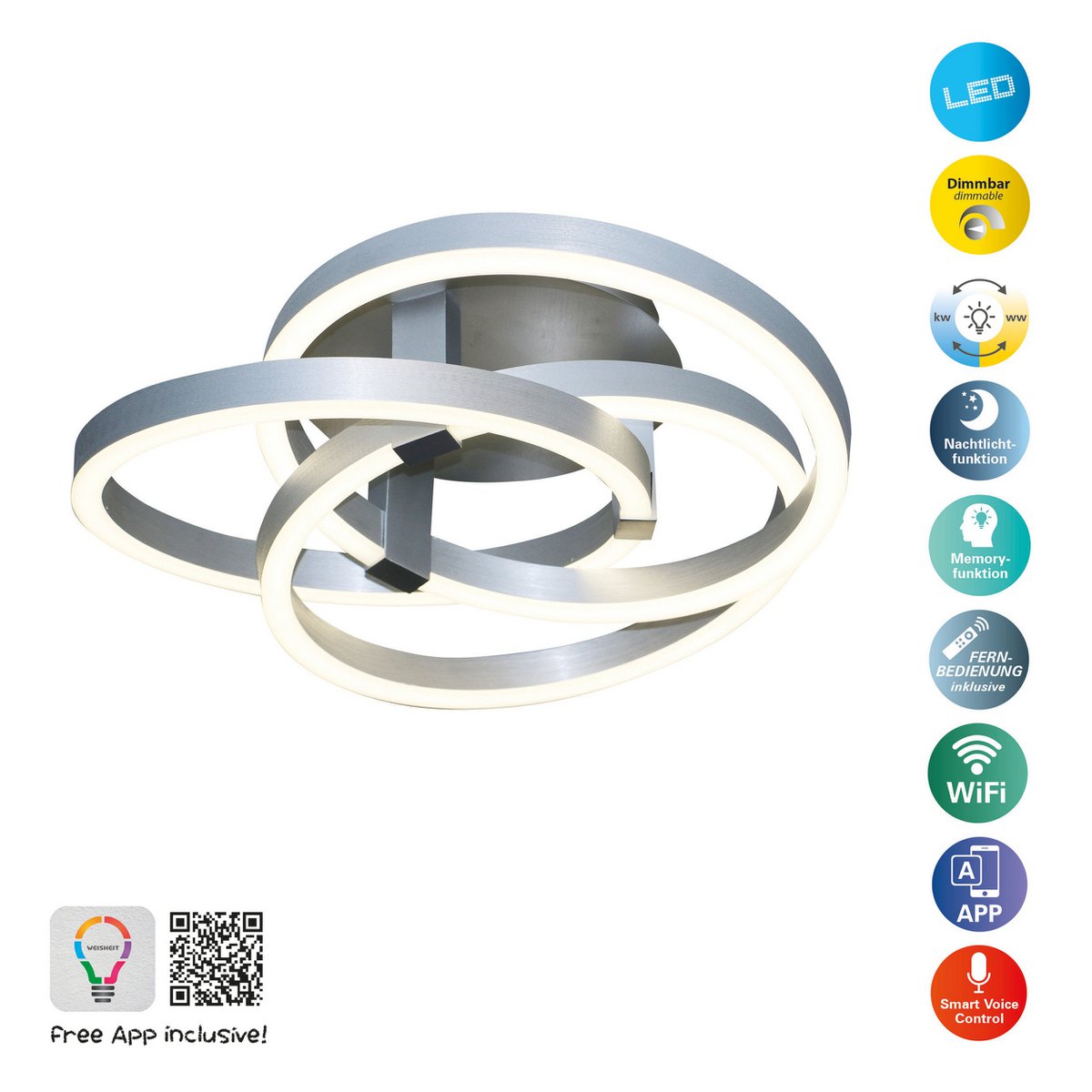 Smart Home LED ceiling light "Divora" Ø 58cm, ceiling lamp made of metal, aluminum brushed and white plastic, with many functions, firmly built -in LEDs, lighting for living room, dining room office or hallway