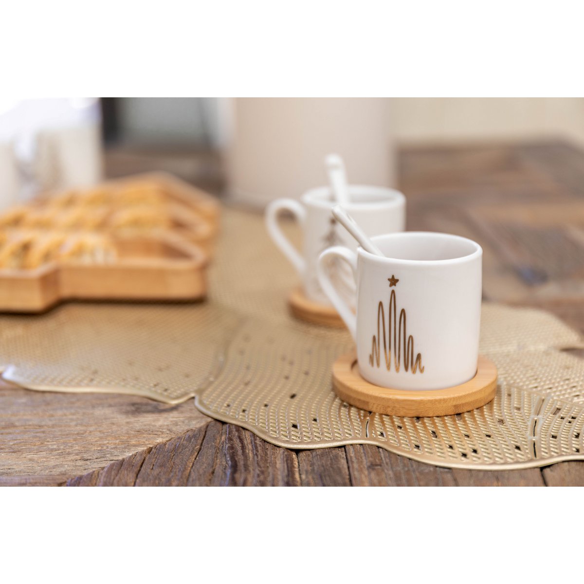 Fir cups with wooden spoons and saucers - Lot of 2