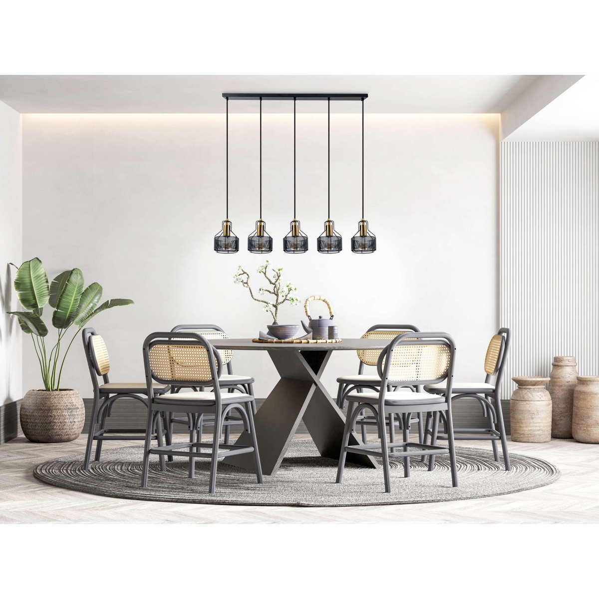 5er Pendelleuchte "FORO" Retro Pendellampe aus Metall in Schwarz, und Gold mit E27-Fassungen, 96 cm lang. Stilvolle Beleuchtung für Wohnzimmer, Esszimmer oder Küche.