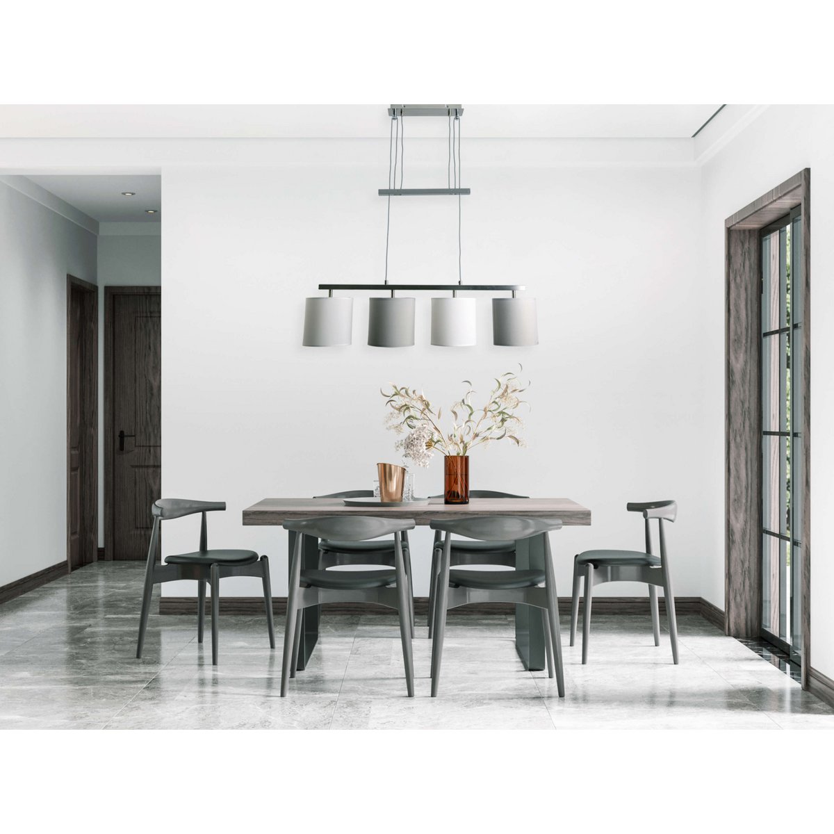 4 pendant lamp "Tilde", classic metal pendulum lamp and textile in gray and white, with E27 frame, height adjustable, 86 cm long, ideal as dining lamp