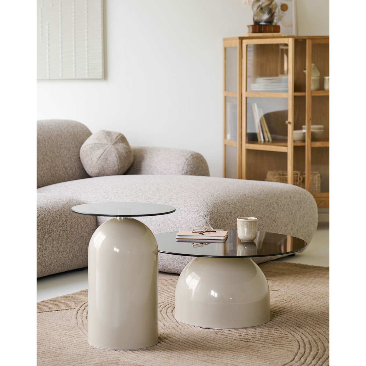 Ravello Side table, tempered glass/metal, grey/beige, ø40x52 cm