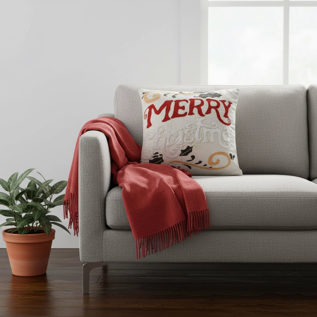 Beige & Red Embroidered – Cushion Cover / Kussenhoes – Christmas 45×45 cm – Urbane Hide