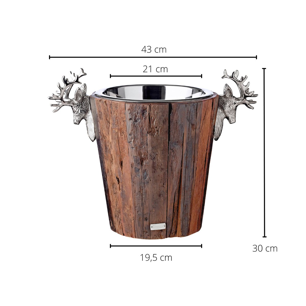 EDZARD champagne cooler Milwaukee with 2 deer heads, teak, stainless steel shiny nickel-plated, height 30 cm