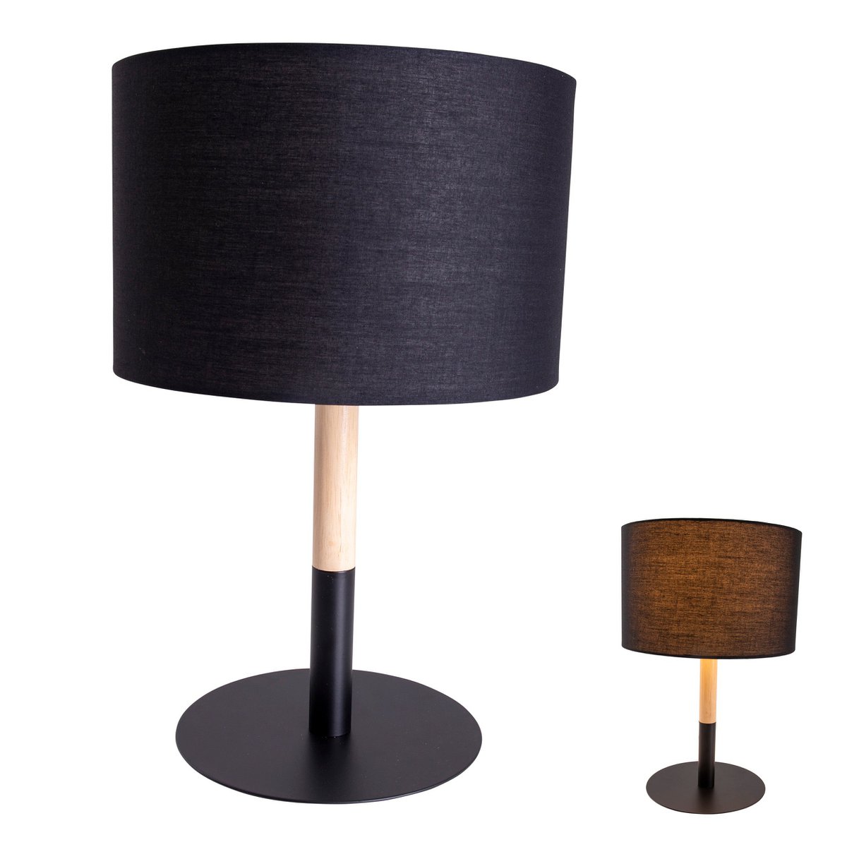 Textil-Tischleuchte "TESSILE", Tischlampe aus Metall, Textil und Gummibaumholz in Schwarz,/Natur, mit E14-Fassung, für Esszimmer, Wohnzimmer, Diele oder Büro, 37 cm hoch