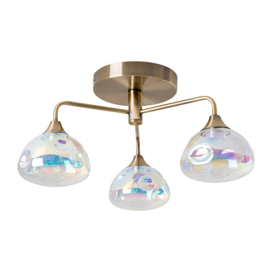 LED-taklampa 3-lågig "Varna", taklampa i mässingsfärgad metall och irisglas, med fast inbyggda lysdioder, 42 cm diameter, stilren belysning för vardagsrum, matsal eller hall